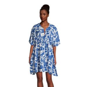 WORLD MARKET Lanai Blue and White Floral Short Kaftan Dress Resorts Beach‎ OS